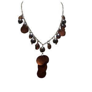 Silver Tone Necklace Copper Colored Dangle Beads Dyed Shells Adjustable 16-19"